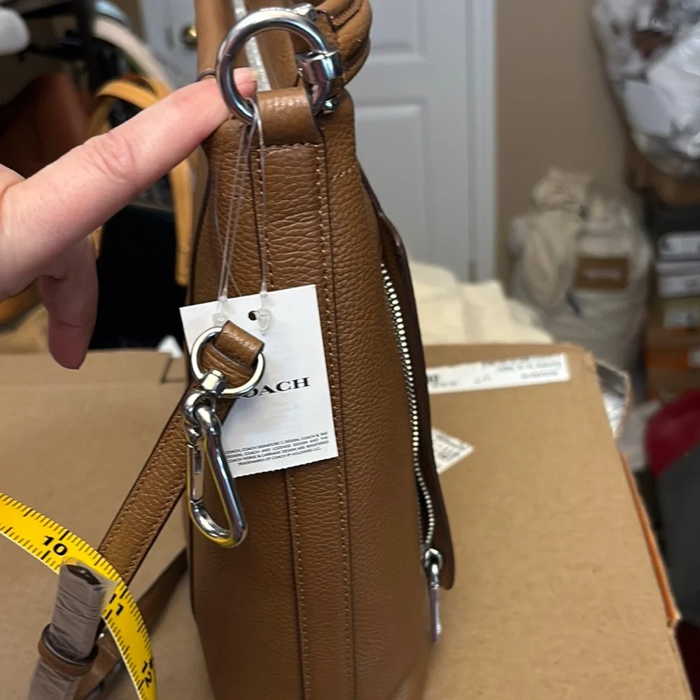 Coach Tan Leather Messenger Bag with Pebbled Texture